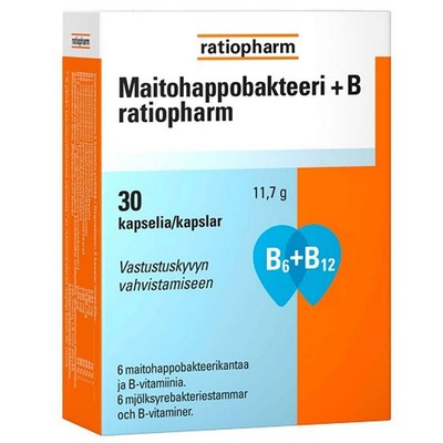 Молочно-кислые бактерии и B6+B12 Ratiopharm Maitohappobakteeri + B, 30 капсул