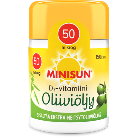 Витамин Д на оливковом масле Minisun D3-vitamiini Oliiviöljy 50 µg, 150 капсул