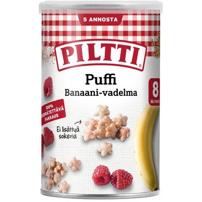 Детские рисовые снеки с малиной Piltti Puffi Banana Raspberry с 8 месяцев, 35 гр