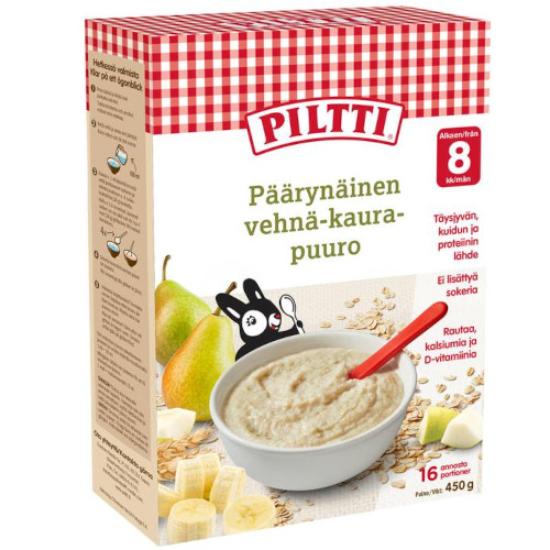 Пшенично-овсяная детская каша с грушей и бананом Piltti Päärynäinen vehnä-kaurapuurojauhe 450 гр