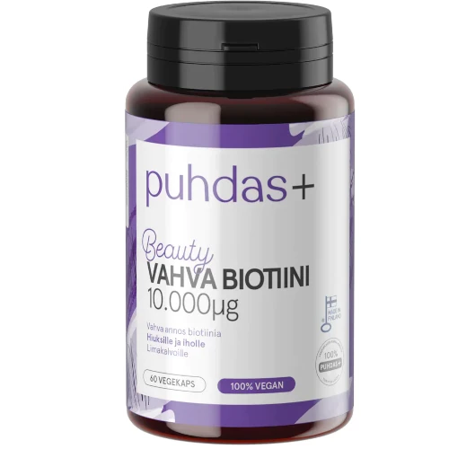 Биотин в большой дозировке Puhdas+ Biotiini 10.000 mikrog, 60 капс