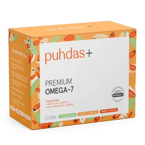 Омега 7 масло облепихи, биотин и витамин Е Puhdas+ Premium Omega-7, 120 капс