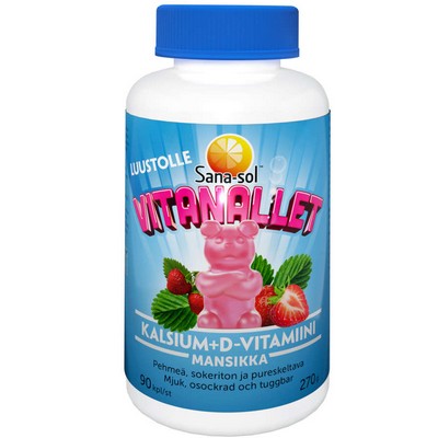 Детский кальций и Д3 вкус клубника Sana-Sol Vitanallet Kalsium+D-vitamiini 90 шт