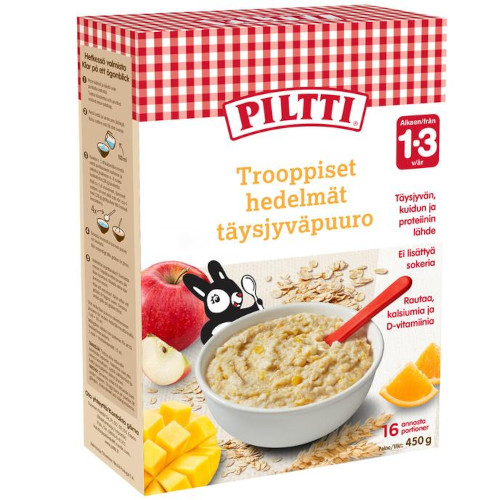 Сухая цельнозерновая каша с тропическими фруктами Piltti Trooppiset hedelmät täysjyväpuurojauhe 450гр с 1-3 лет