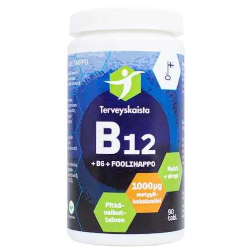 Витамины B группы Terveyskaista Pitkävaikutteinen B12+B6+Foolihappo, 90 табл