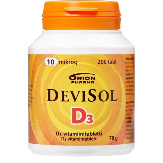 DeviSol 10 mkg. Витамин D3 10 мкг. Жевательные таблетки с фруктовым вкусом. 200 табл. Финское качество. Общее описание