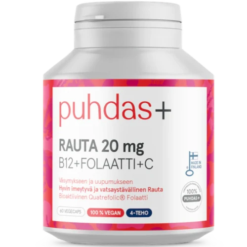 Железо, витамин B12 + B9+ Вит С Puhdas+ Rauta 20 mg + B12 + Folaatti + C-vitamiini, 60 капс